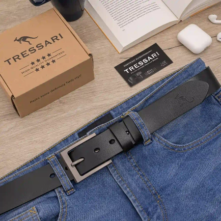 Curea barbati din piele, 100% piele naturala, neagra, pentru pantaloni TRESSARI