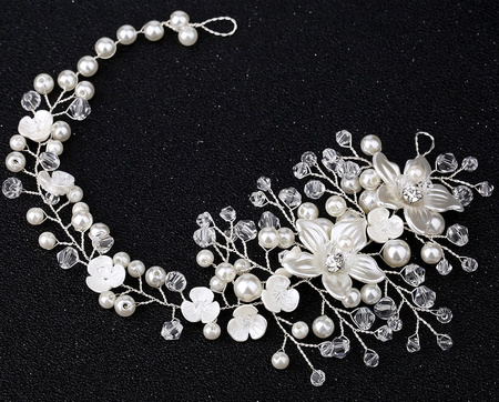Bandita de nunta cu diadema, creanga argintie, strasuri, flori