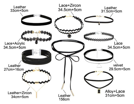 Set negru de 10 piese CHOKER colier cu curea din dantela