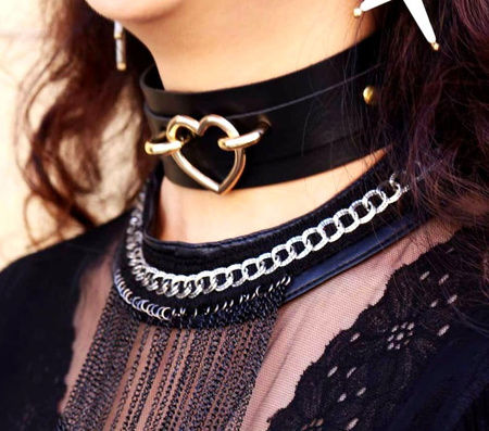 Colier choker din aur negru cu curea din piele