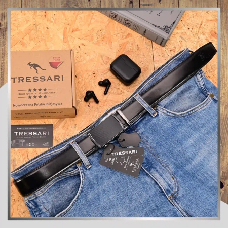 Curea automată din piele pentru pantaloni TRESSARI pentru bărbați, neagră, 120 cm
