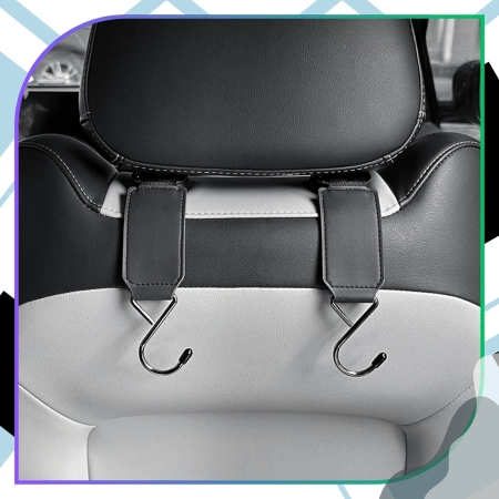 Cârlig pliabil pentru tetiera auto, metal și piele, 15 kg, set de 2