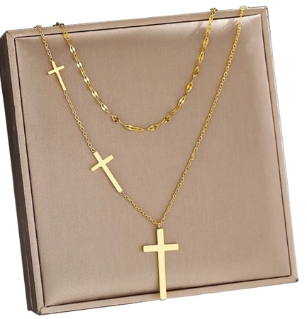 Colier dublu din aur, cruci elegante, delicate din otel chirurgical
