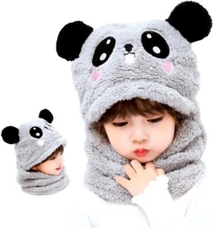 Pălărie din lână 2 în 1, glugă caldă cu urechi de panda pentru copii
