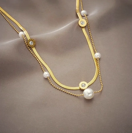 Colier de șarpe dublu din aur cu perle din oțel chirurgical