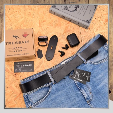 Curea din piele TRESSARI 120cm neagră pentru pantaloni fără cataramă, piele naturală