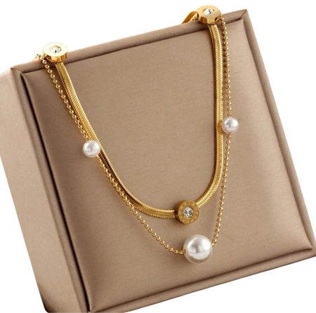 Colier de șarpe dublu din aur cu perle din oțel chirurgical