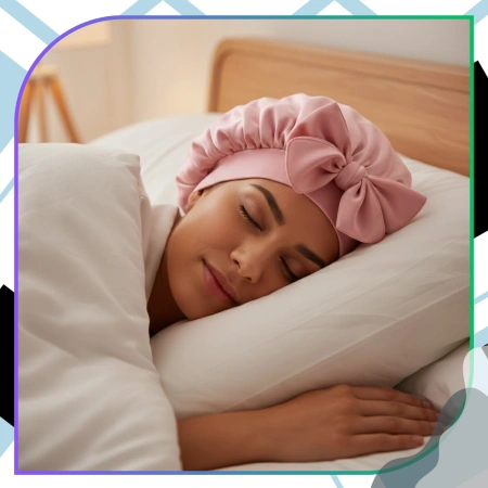 Casca de dormit roz satinat cu panglici pentru protecție