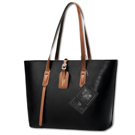 Geantă de mână BAD&BAGS din piele clasică neagră cu inserție maro shopper
