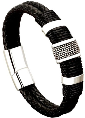 Bratara barbati piele, neagra, otel inoxidabil
