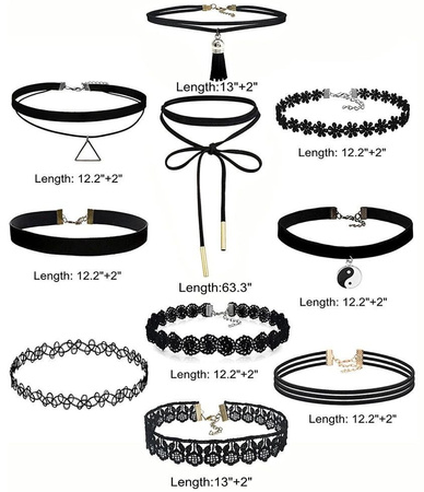 Set negru de 10 bucăți colier CHOKER cu șnur de celebritate