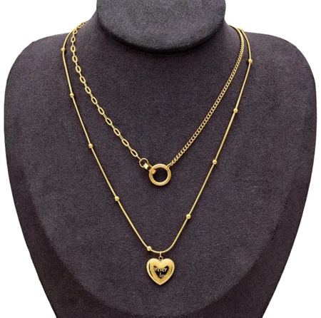 Colier din aur, oțel chirurgical dublu, inele inimioare placate cu aur