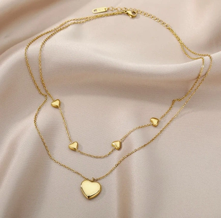 Colier elegant din aur cu inimioare duble din oțel chirurgical