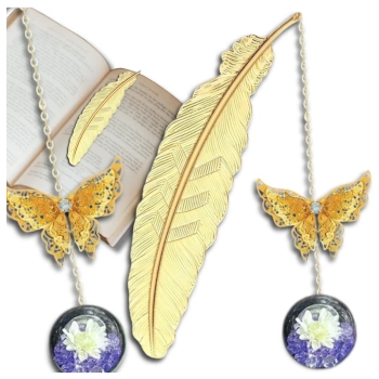 Semn de carte metalic, pană aurie cu un fluture de cristal