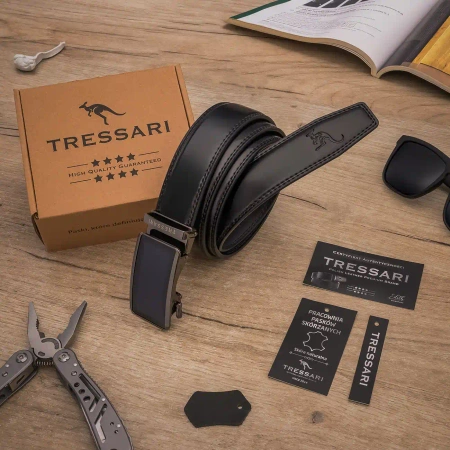 TRESSARI centura automata barbati 115cm piele naturala pentru pantaloni, neagra