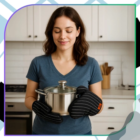 Set dublu manusi de cuptor si suport de oala