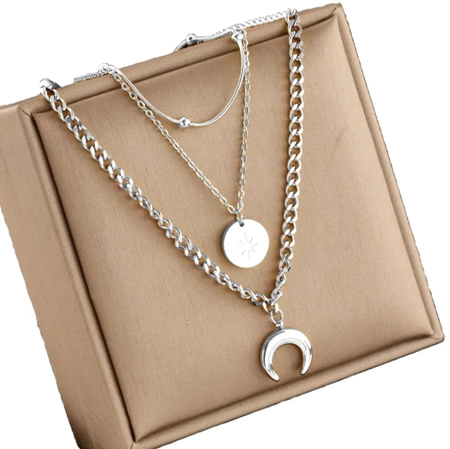 Colier cu lună de argint, oțel chirurgical, lanț triplu