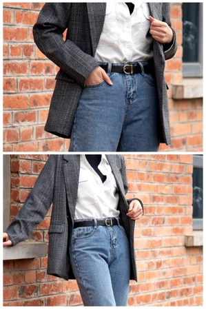 Curea de dama neagra piele, catarama pantalon auriu, piele naturala