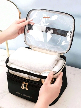 Geantă de cosmetice pătrată neagră cu două nivele