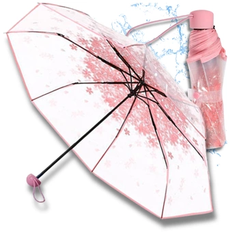 Umbrela pliabila, transparenta, umbrela cu flori roz