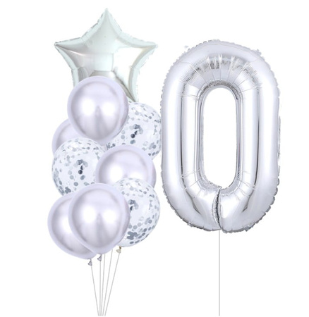 Set de 10 baloane argintii pentru ziua de nastere numarul 0