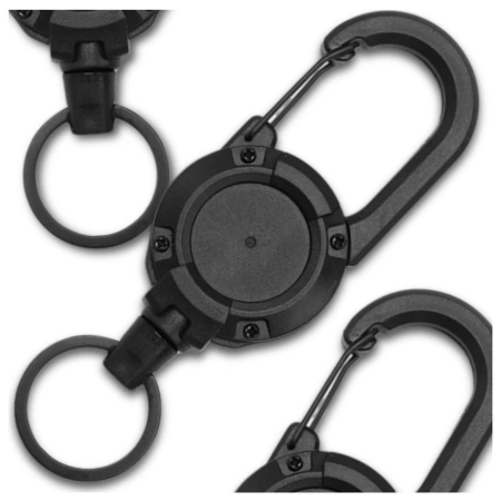 Breloc retractor, frânghie retractabilă, carabinier exterior, 68 cm, negru