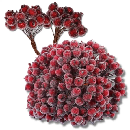 Frunze artificiale decorative de Crăciun, scoruș, vișiniu, înghețate, 100 buc. crenguță