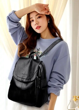 Rucsac elegant din piele de dama, mare, retro, negru