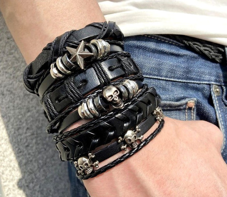 Set bratara din piele PUNK, cranii negre