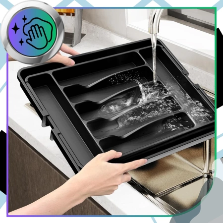 Organizator sertar tacâmuri, negru, inserție extensibilă