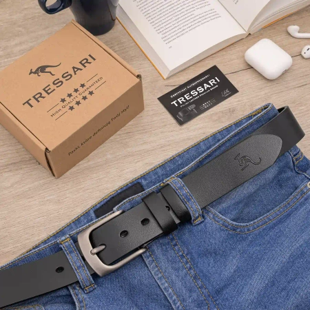 Curea barbati din piele, 100% piele naturala neagra, pentru pantaloni TRESSARI