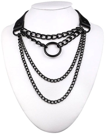 Colier choker din piele neagra cu lanturi