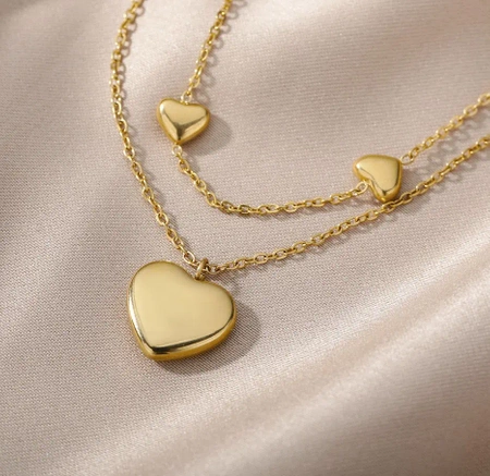 Colier elegant din aur cu inimioare duble din oțel chirurgical