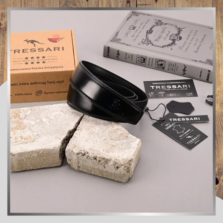 Curea din piele neagră TRESSARI 120cm pentru pantaloni fără cataramă, piele naturală