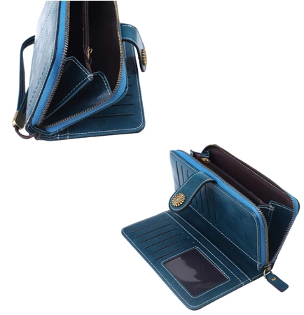 Portofel de dama din piele albastra, decorativ, mare, incapator breloc