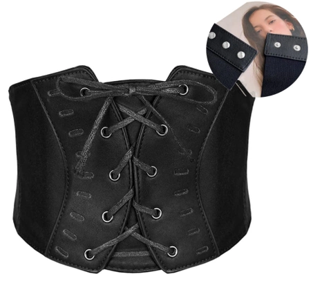 Curea legata, centura lata, corset cu dantela din cauciuc negru