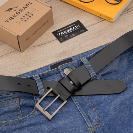 Curea barbati din piele, 100% piele naturala, neagra, pentru pantaloni TRESSARI