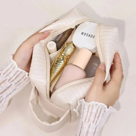 Geanta cosmetica patrata cu maner elegant si organizator din piele ecologica