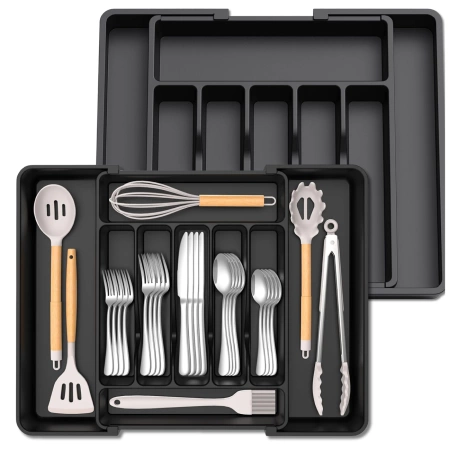 Organizator sertar tacâmuri, negru, inserție extensibilă