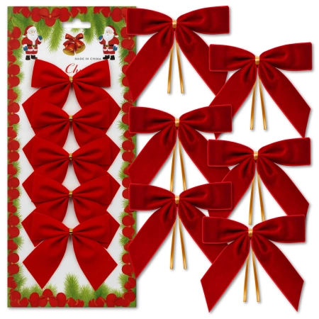 Set de 6 fundițe decorative pentru bradul de Crăciun cu fundă roșie