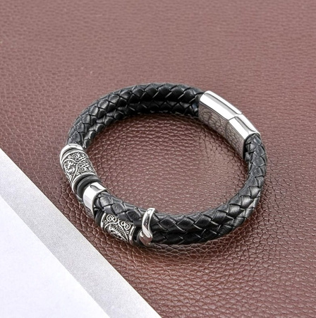 Brățară neagră pentru bărbați din piele împletită nordică