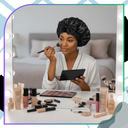 Bonetă de dormit din satin pentru protecția părului, neagră, legată cu panglici