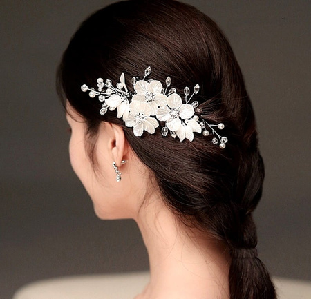 Pieptene de argint pentru nunta, decor par, flori, perle