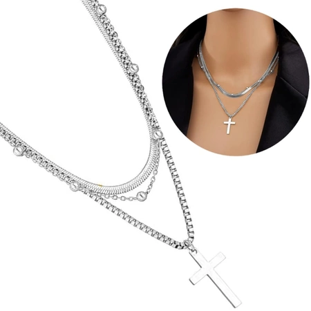 Colier elegant cu cruce din oțel chirurgical multi-argintiu