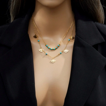 Colier dublu din otel chirurgical din aur cu ochi egipteni