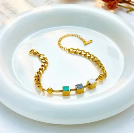 Bratara din aur, otel chirurgical, lant, cuburi, patrate