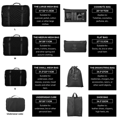 Set de călătorie de 8 organizatoare de valize impermeabile, negru