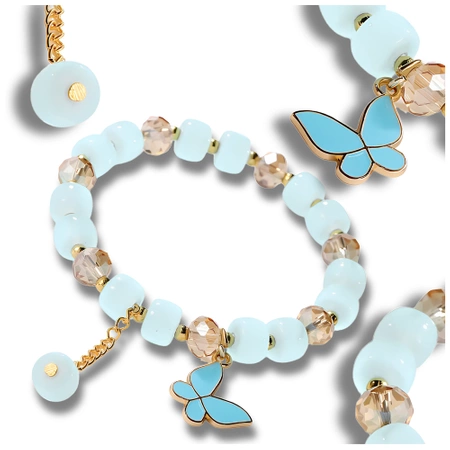 Bratara de dama albastra cu margele cu pandantiv fluture pe o banda elastica