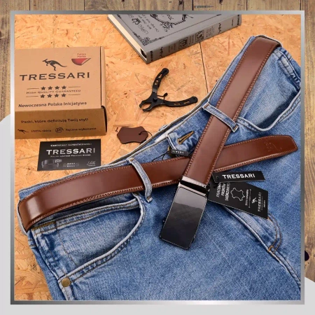 Curea bărbătească din piele maro TRESSARI pentru pantaloni 120 cm automată