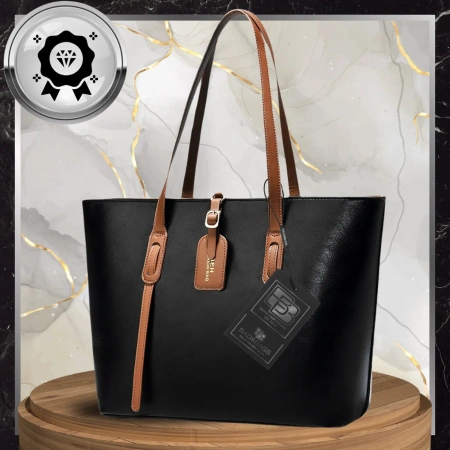 Geantă de mână BAD&BAGS din piele clasică neagră cu inserție maro shopper
